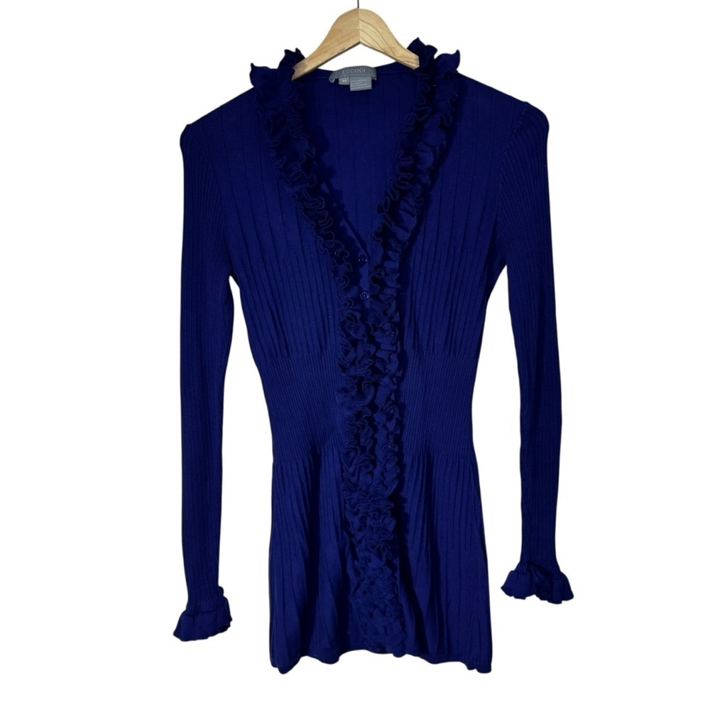 Eccoci Purple Vneck Ruffle Cardigan Sweater Size Medium 100% Cotton